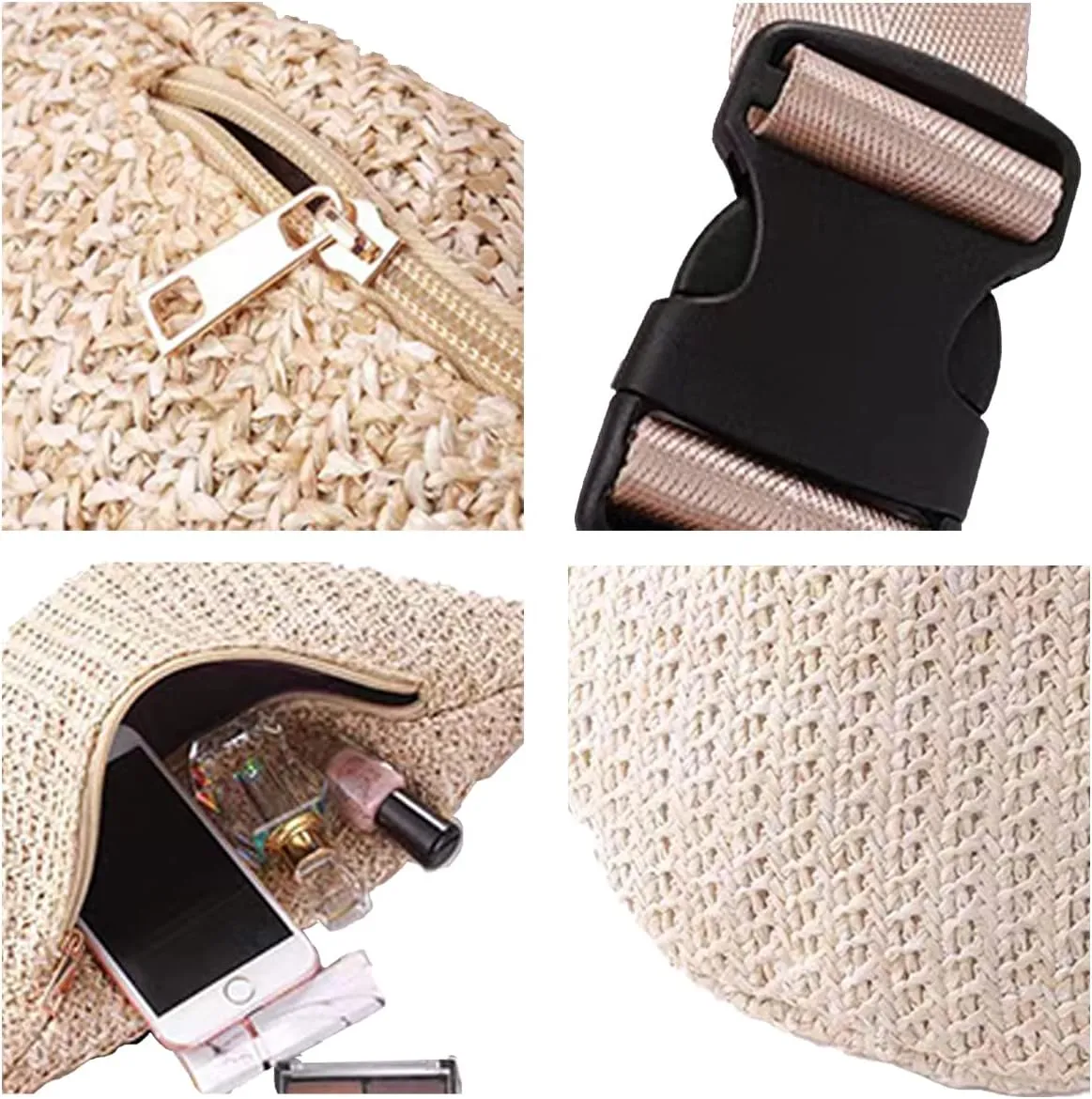 IAMUHI Straw Woven Fanny Pack Cross Chest Shoulder Handbag Purse Handwoven Beach Bag,Beige