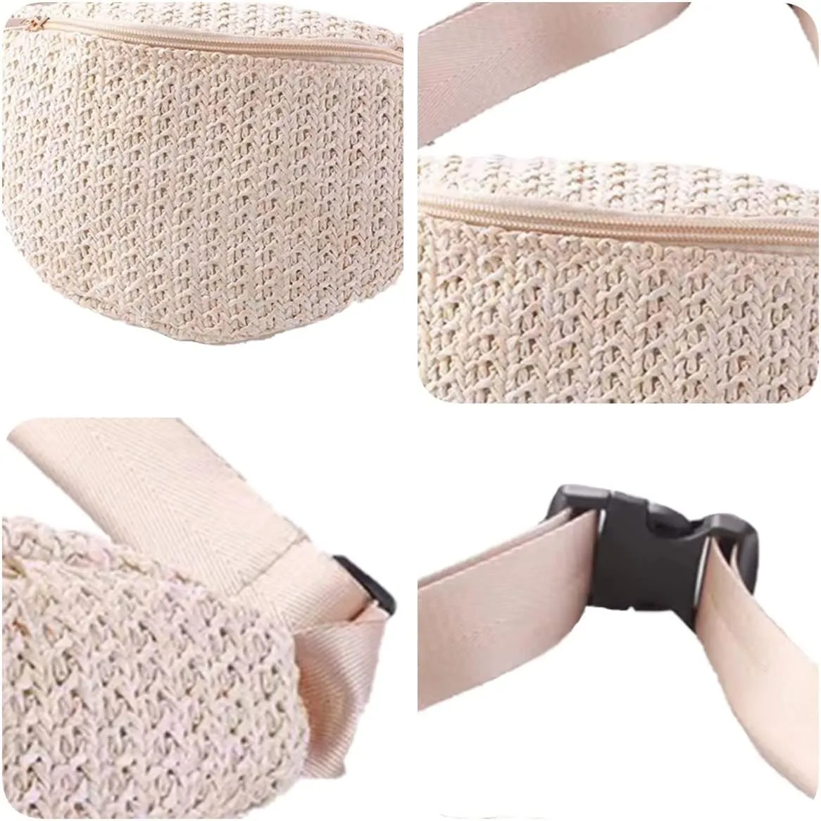 IAMUHI Straw Woven Fanny Pack Cross Chest Shoulder Handbag Purse Handwoven Beach Bag,Beige