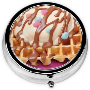 Ice Cream Waffle Pictures Pill Box Round Pill Case for Pocket Purse 3 Compartment Medicine Pill Organizer Cute Portable Travel Pillbox Vitamin Cod Liver Oil Storage Box Unique Gift Organizer