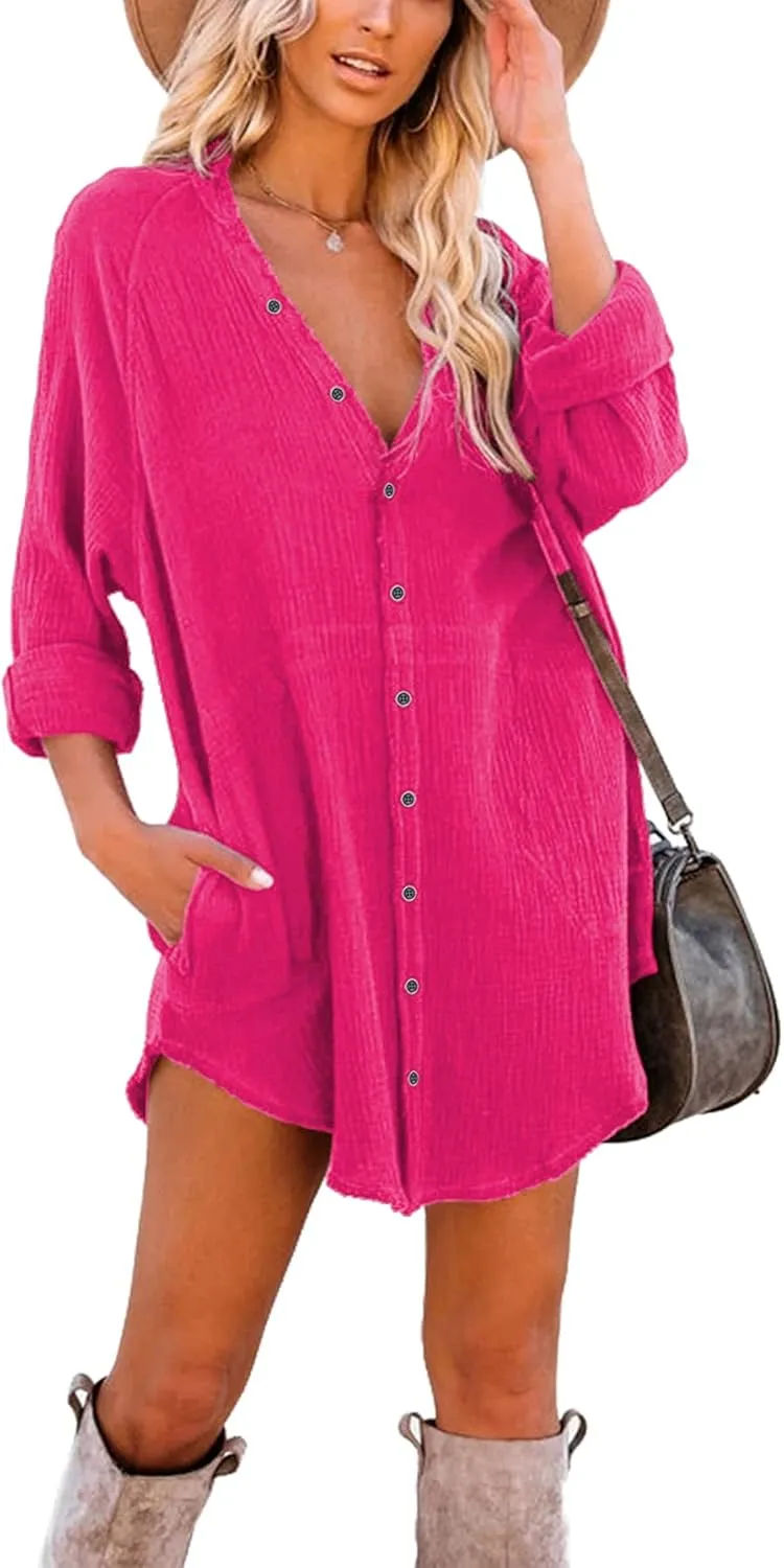 iGENJUN Women's Long Sleeve Beach Cover-ups Button Down Oversized Tunic Dress Shirt Boho Dresses with Pockets