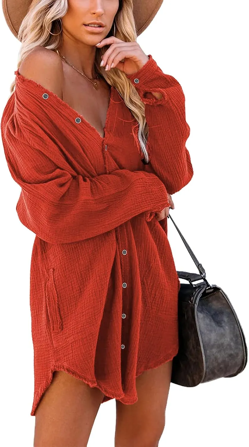iGENJUN Women's Long Sleeve Beach Cover-ups Button Down Oversized Tunic Dress Shirt Boho Dresses with Pockets