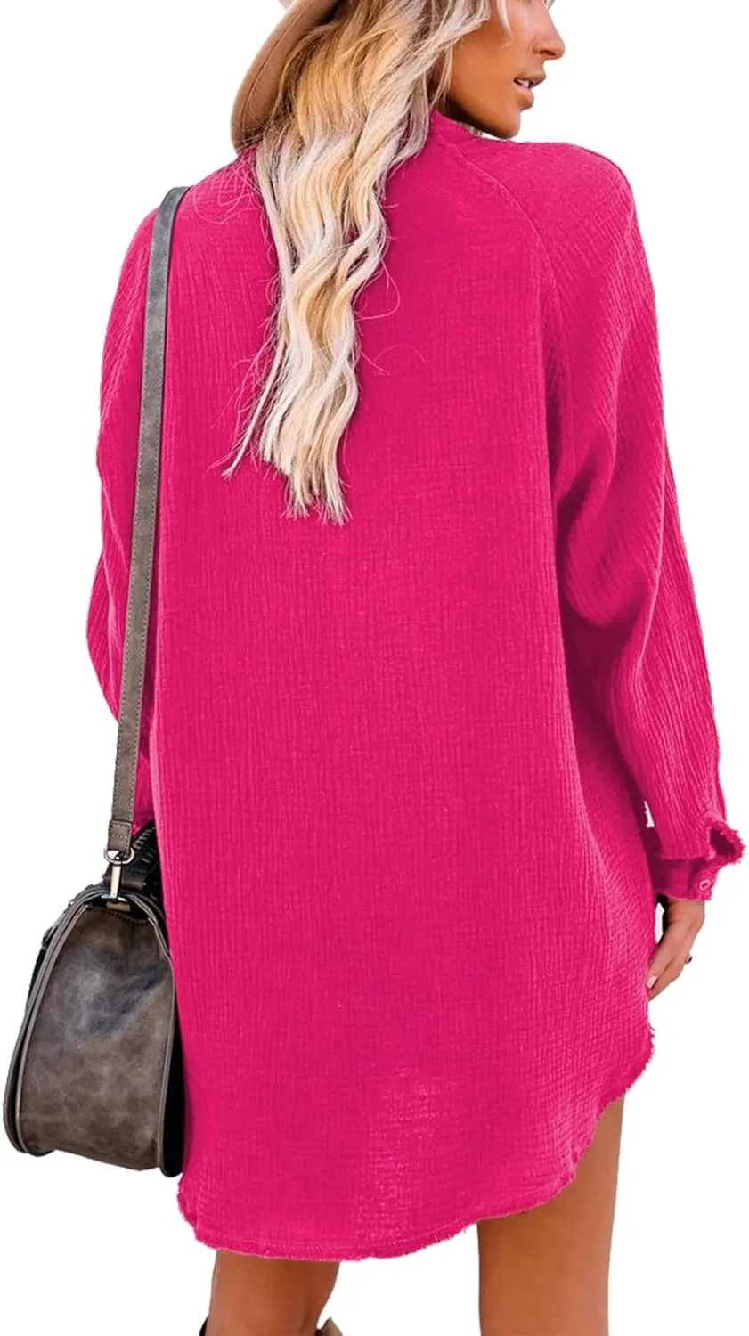 iGENJUN Women's Long Sleeve Beach Cover-ups Button Down Oversized Tunic Dress Shirt Boho Dresses with Pockets