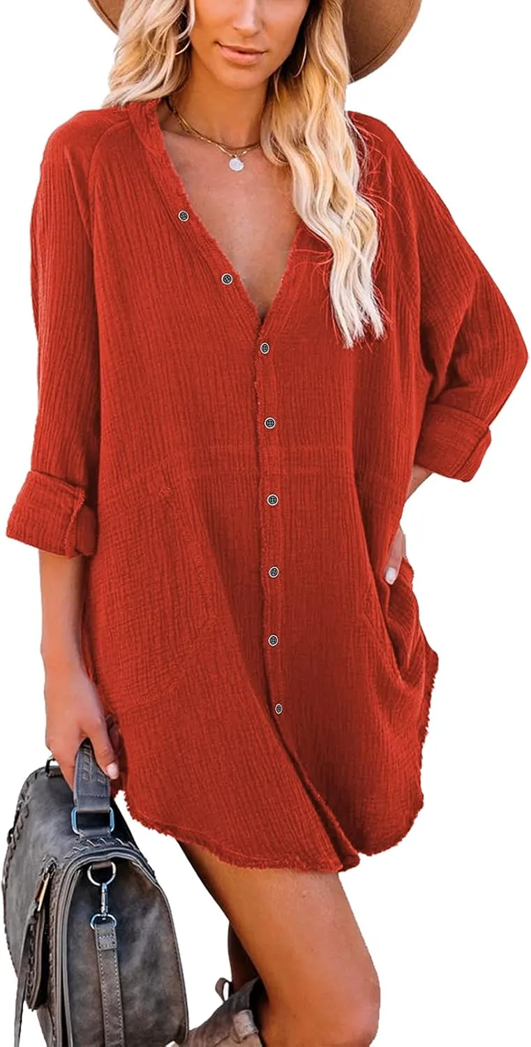 iGENJUN Women's Long Sleeve Beach Cover-ups Button Down Oversized Tunic Dress Shirt Boho Dresses with Pockets