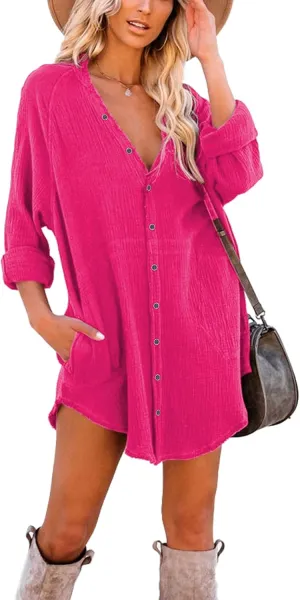 iGENJUN Women's Long Sleeve Beach Cover-ups Button Down Oversized Tunic Dress Shirt Boho Dresses with Pockets