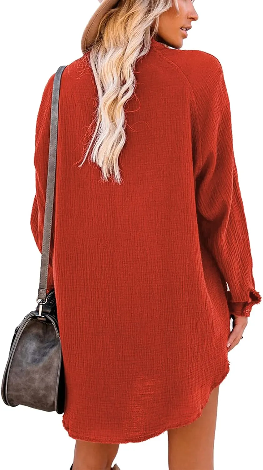 iGENJUN Women's Long Sleeve Beach Cover-ups Button Down Oversized Tunic Dress Shirt Boho Dresses with Pockets