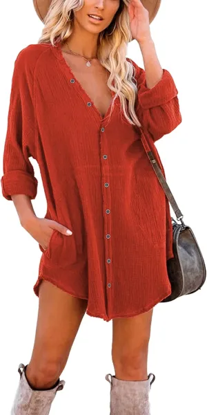 iGENJUN Women's Long Sleeve Beach Cover-ups Button Down Oversized Tunic Dress Shirt Boho Dresses with Pockets