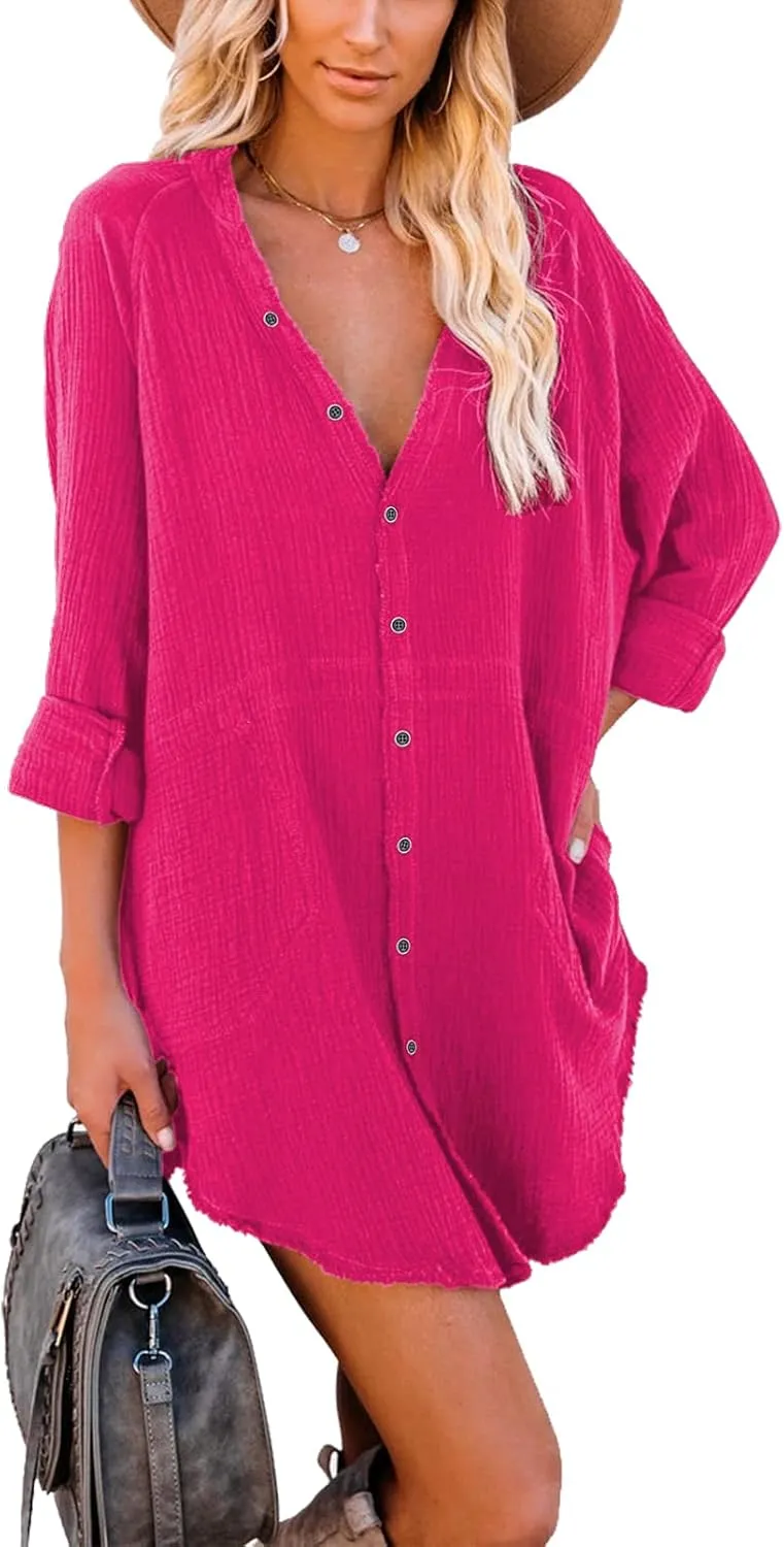 iGENJUN Women's Long Sleeve Beach Cover-ups Button Down Oversized Tunic Dress Shirt Boho Dresses with Pockets