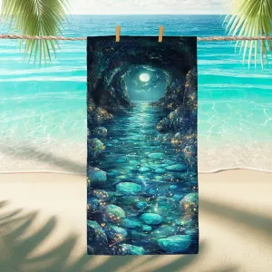 Illuminated Moonlit Ocean Microfiber Beach Towel Teal Cave Artwork Quick Dry Absorbent Sand Free Lightweight Blanket, Vacation Pool Picnic Essentials 70x35 Inch