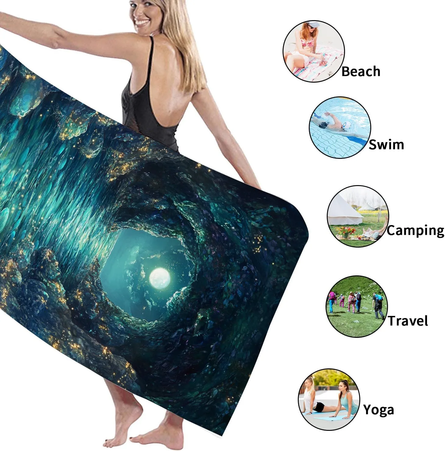 Illuminated Moonlit Ocean Microfiber Beach Towel Teal Cave Artwork Quick Dry Absorbent Sand Free Lightweight Blanket, Vacation Pool Picnic Essentials 70x35 Inch