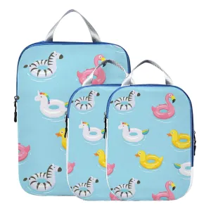 Inflatable Rubber Ducks Flamingos Unicorns Zebra on Turquoise 3 Piece set Cubes Expandable Adjustable Luggage Packing Bags, Ultralight Organizer Accessories Travel Suitcase Compressible Bags