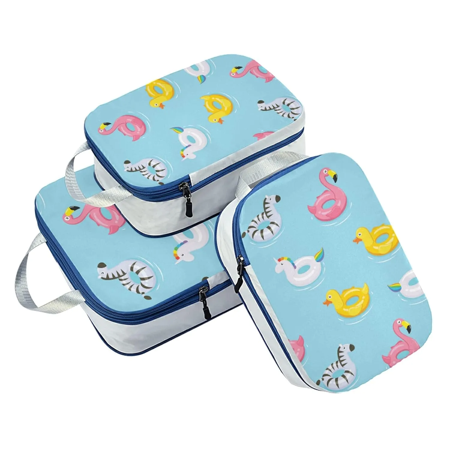 Inflatable Rubber Ducks Flamingos Unicorns Zebra on Turquoise 3 Piece set Cubes Expandable Adjustable Luggage Packing Bags, Ultralight Organizer Accessories Travel Suitcase Compressible Bags