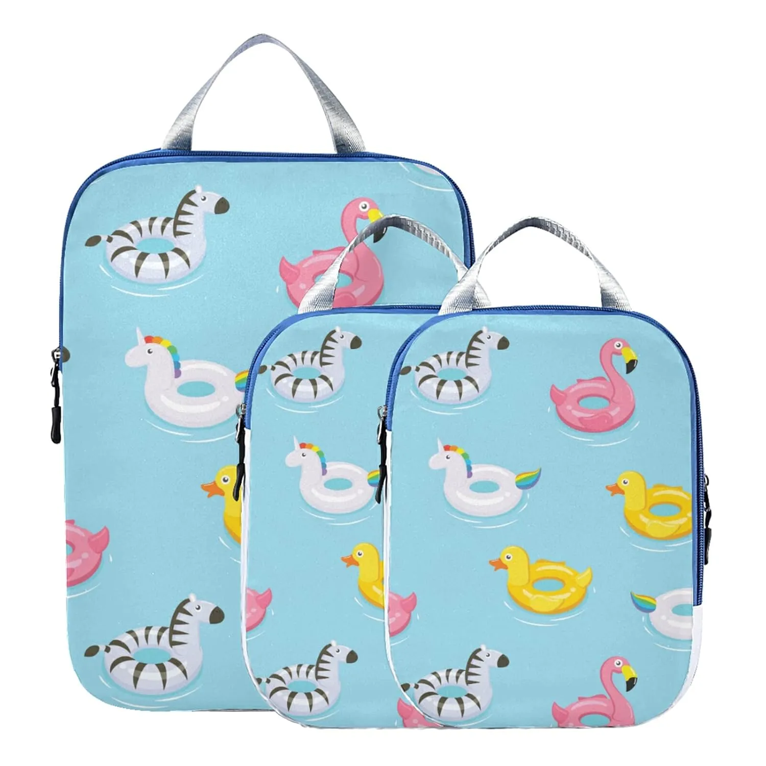 Inflatable Rubber Ducks Flamingos Unicorns Zebra on Turquoise 3 Piece set Cubes Expandable Adjustable Luggage Packing Bags, Ultralight Organizer Accessories Travel Suitcase Compressible Bags