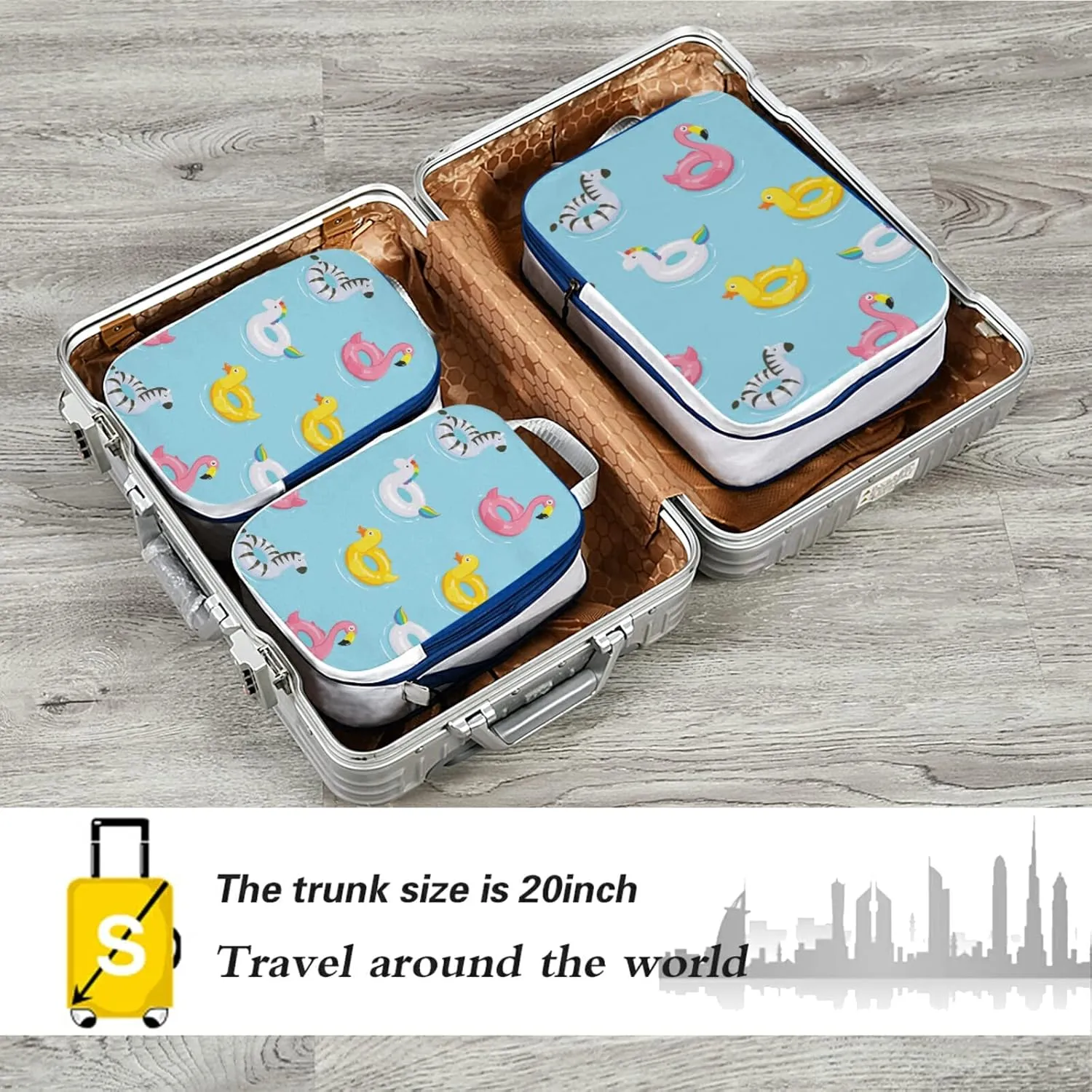 Inflatable Rubber Ducks Flamingos Unicorns Zebra on Turquoise 3 Piece set Cubes Expandable Adjustable Luggage Packing Bags, Ultralight Organizer Accessories Travel Suitcase Compressible Bags
