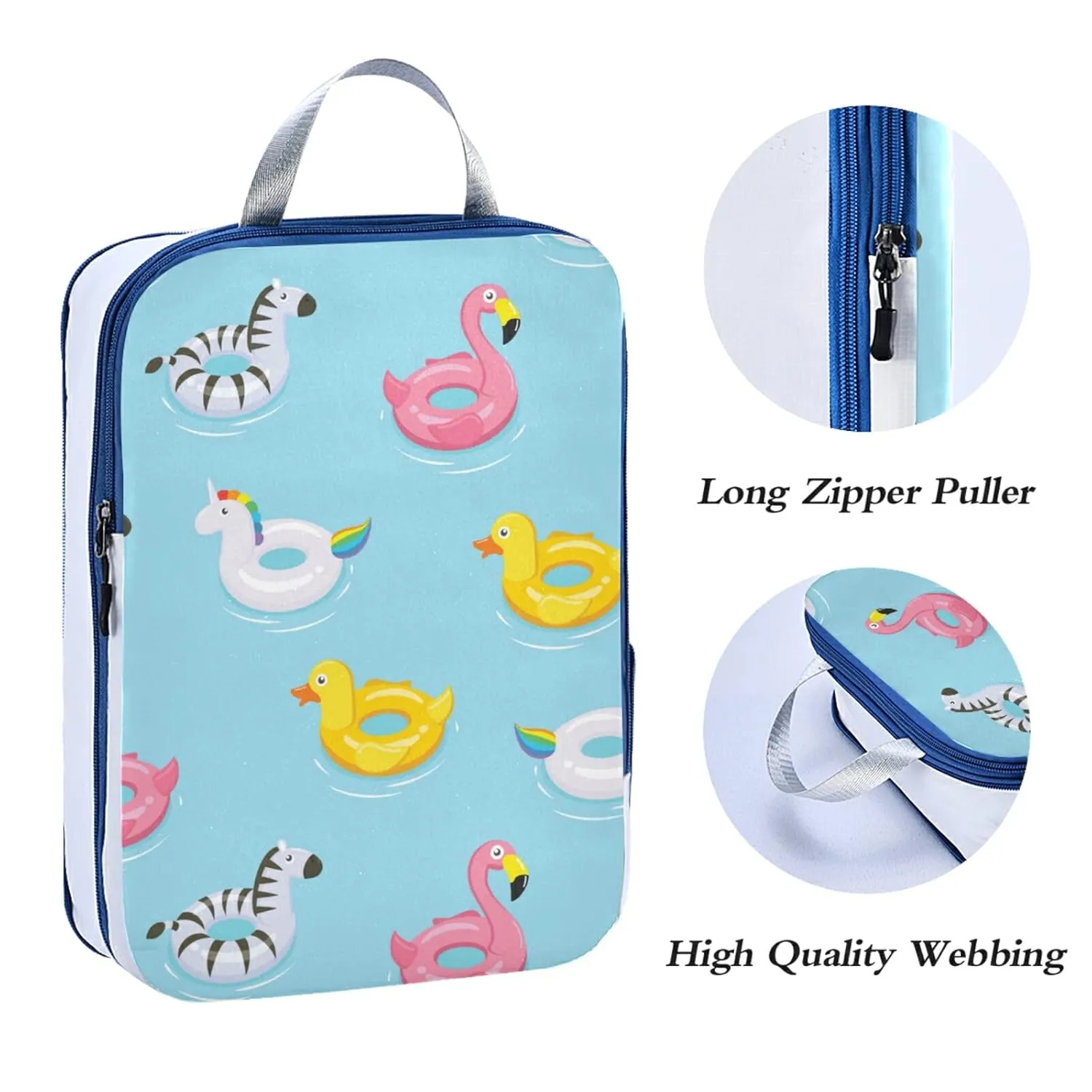 Inflatable Rubber Ducks Flamingos Unicorns Zebra on Turquoise 3 Piece set Cubes Expandable Adjustable Luggage Packing Bags, Ultralight Organizer Accessories Travel Suitcase Compressible Bags