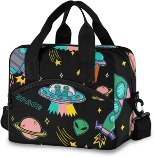 Insulated Lunch Tote Bag for Adult Men Women,UFO Aliens Spaceship Planet Kid's School Lunchbox with Detachable Shoulder Strap for School Office Fishing