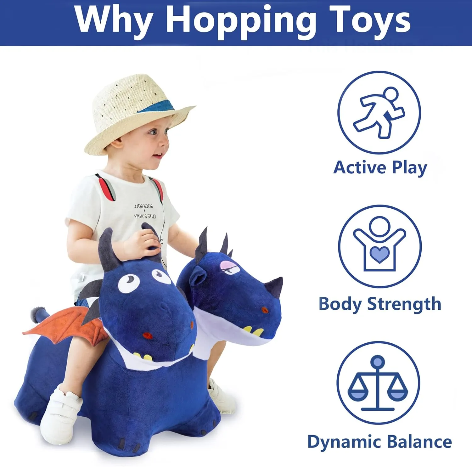 iPlay, iLearn Bouncy Pals Toddler Animal Hopper Toys, Kids Plush Blue Hopping Horse, Inflatable Ride on Dragon W/Pump, Indoor Outdoor Jumper, Birthday Gifts for 18 24 Month 2 3 4 Year Old Boy Girl