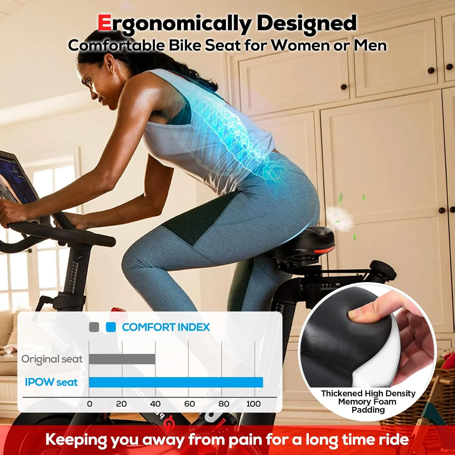 IPOW Comfort Bike Seat for Women or Men, Bicycle Saddle Replacement Padded Soft High Density Memory Foam with Dual Shock Absorbing Rubber Balls Suspension Universal Fit for Indoor/Outdoor Bikes