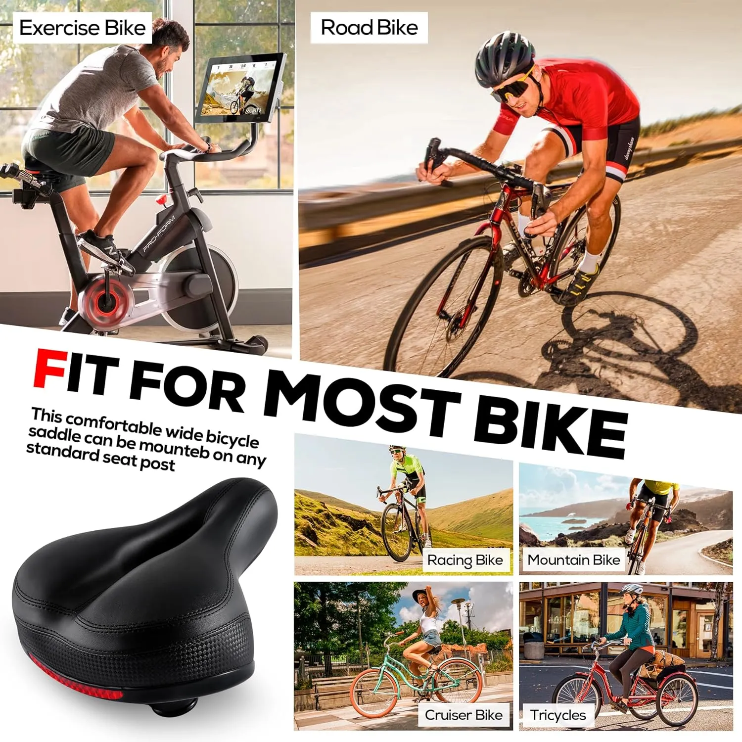 IPOW Comfort Bike Seat for Women or Men, Bicycle Saddle Replacement Padded Soft High Density Memory Foam with Dual Shock Absorbing Rubber Balls Suspension Universal Fit for Indoor/Outdoor Bikes