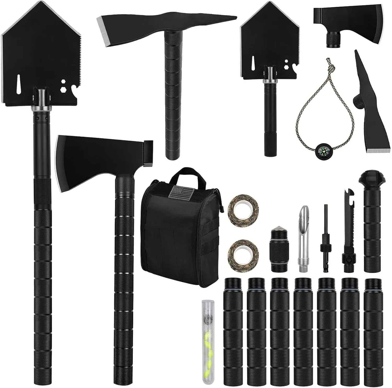 IUNIO Survival Off-Roading Tool Kit, 19 in 1 Folding Shovel, Camping Axe, Multitool, Pickaxe, with Carrying Bag, for Outdoor, Car Emergency (Upgrade Black)