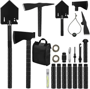 IUNIO Survival Off-Roading Tool Kit, 19 in 1 Folding Shovel, Camping Axe, Multitool, Pickaxe, with Carrying Bag, for Outdoor, Car Emergency (Upgrade Black)