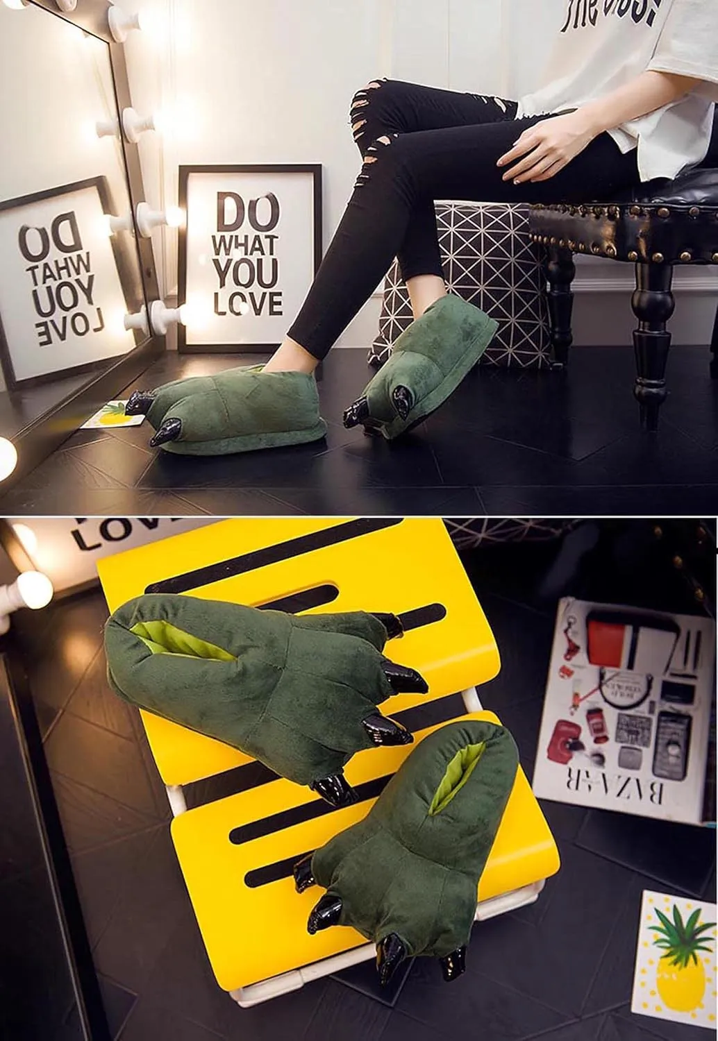 IXITON Unisex Funny Animal Paw slippers Shoes Furry Dinosaur bear Claw Slippers Cartoon plush slippers