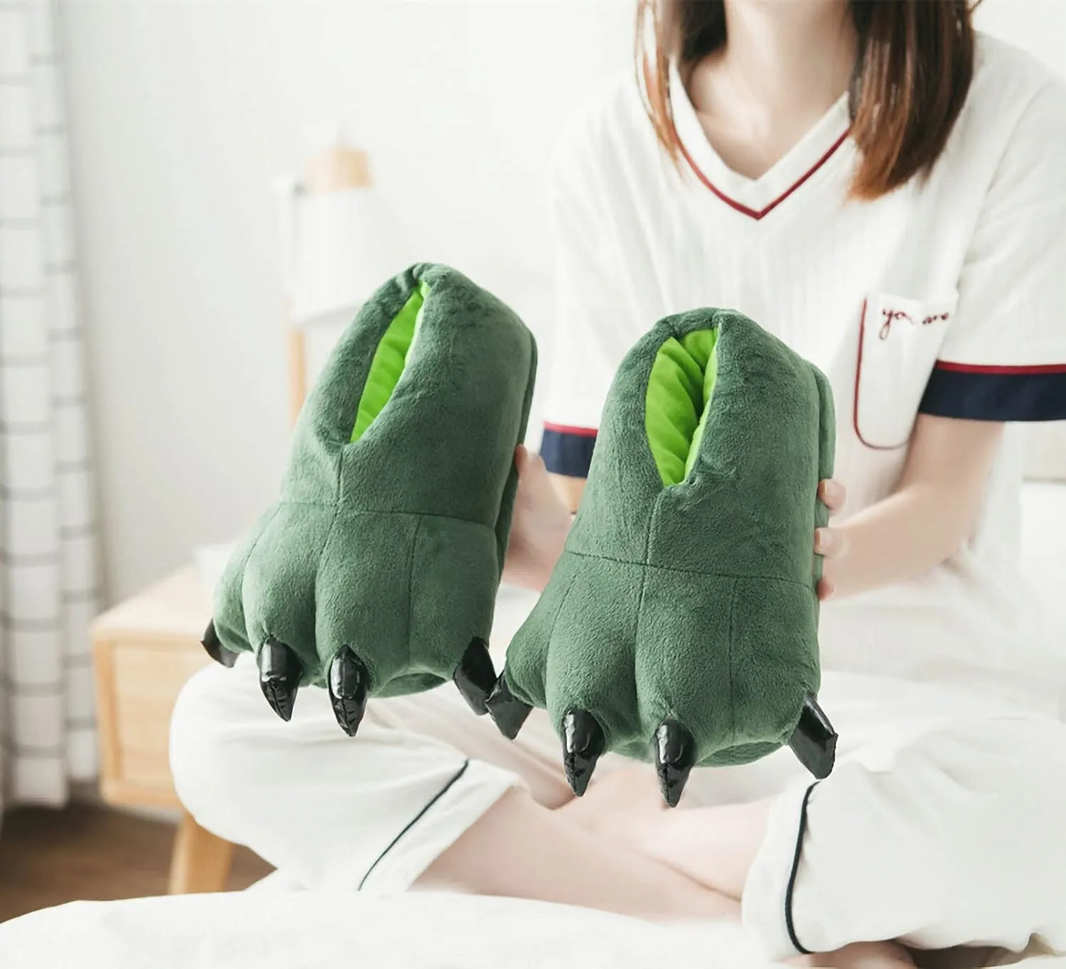 IXITON Unisex Funny Animal Paw slippers Shoes Furry Dinosaur bear Claw Slippers Cartoon plush slippers