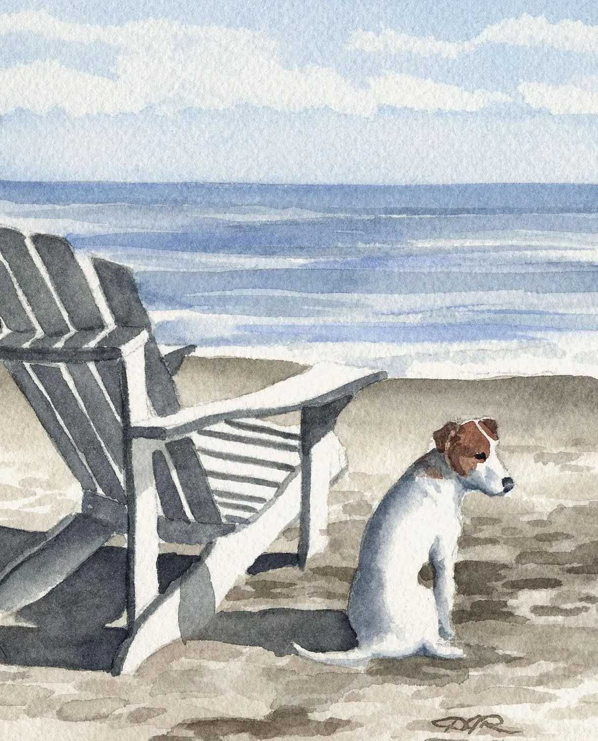 Jack Russell Terrier at The Beach Watercolor Art Print by Artist DJ Rogers/Oversized