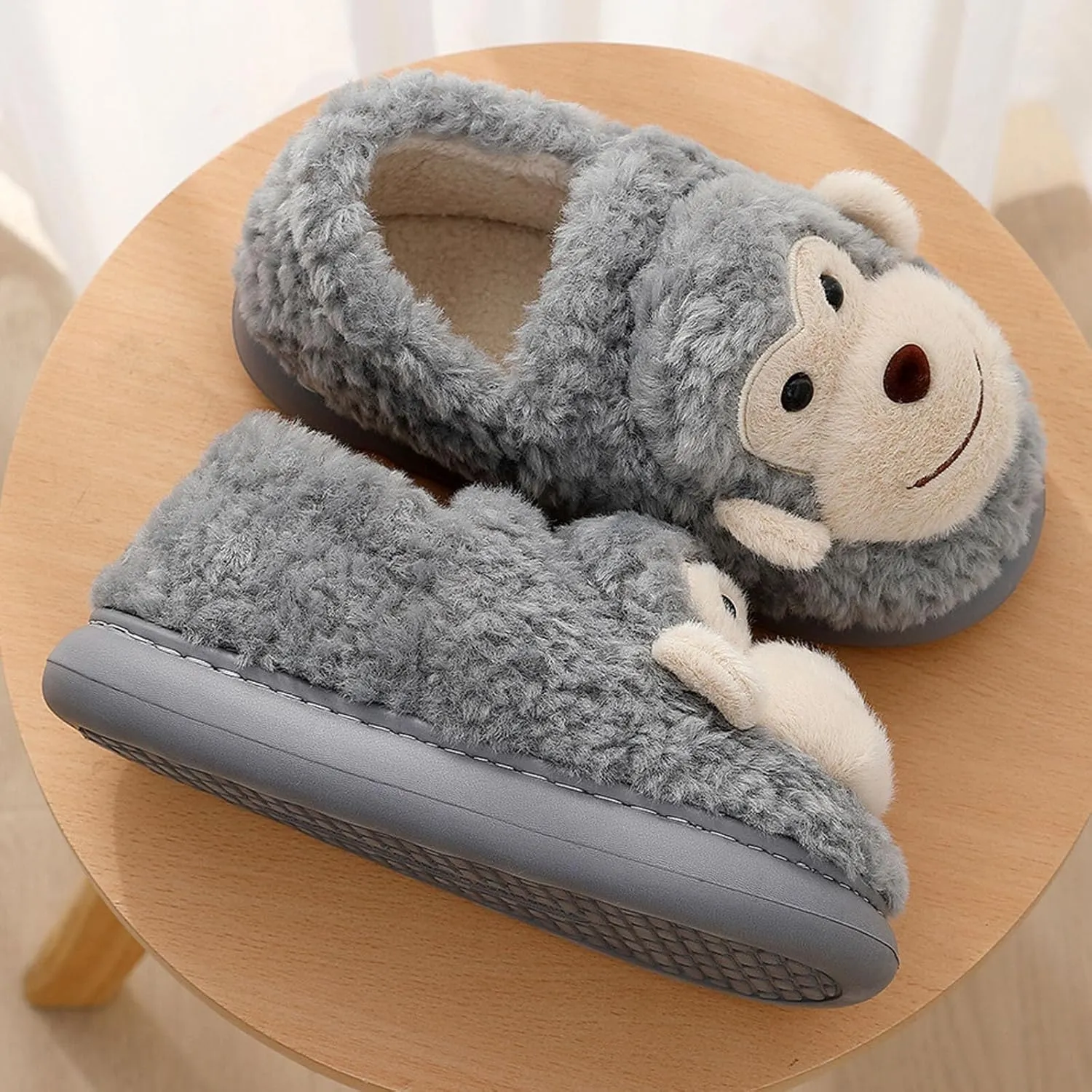 JadeRich Women Men Cartoon Monkey Slippers Soft Fleece Warm Non-Slip Heel Covering Cushioned House Shoes Indoor Outdoor