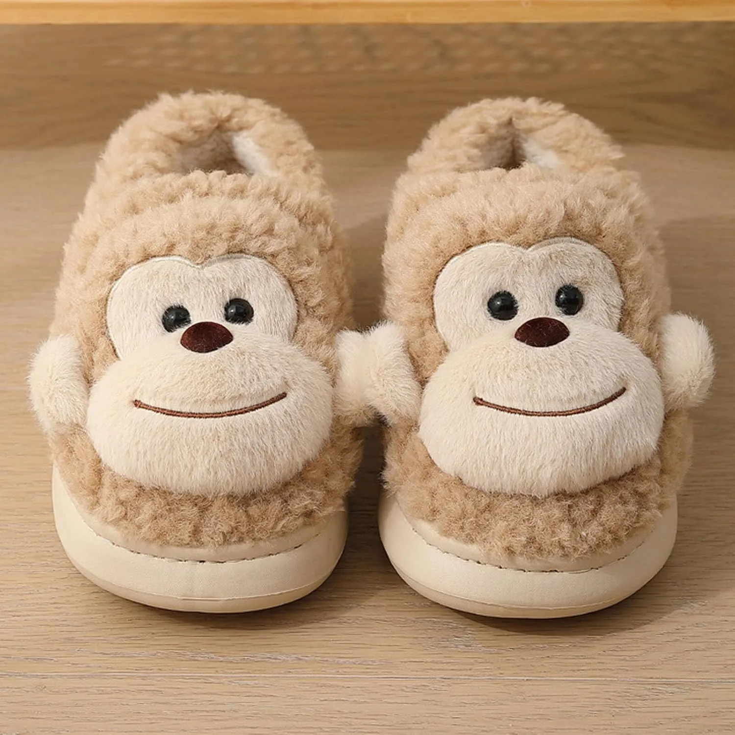 JadeRich Women Men Cartoon Monkey Slippers Soft Fleece Warm Non-Slip Heel Covering Cushioned House Shoes Indoor Outdoor