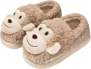 JadeRich Women Men Cartoon Monkey Slippers Soft Fleece Warm Non-Slip Heel Covering Cushioned House Shoes Indoor Outdoor