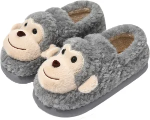 JadeRich Women Men Cartoon Monkey Slippers Soft Fleece Warm Non-Slip Heel Covering Cushioned House Shoes Indoor Outdoor