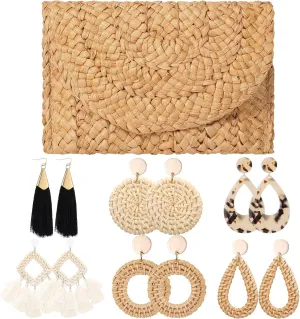 JaGely Women's Straw Clutch Purses and 6 Pairs Rattan Earrings Summer Beach Clutch Handbag Envelope Woven Bag Boho Earrings