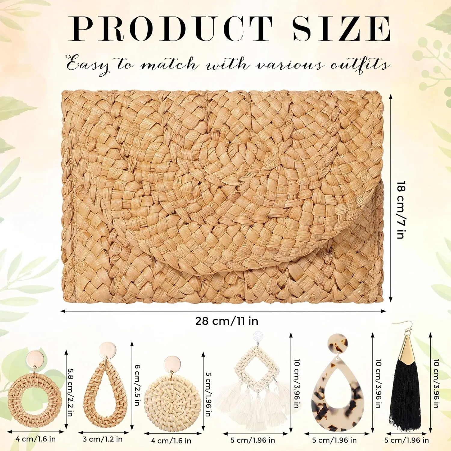 JaGely Women's Straw Clutch Purses and 6 Pairs Rattan Earrings Summer Beach Clutch Handbag Envelope Woven Bag Boho Earrings