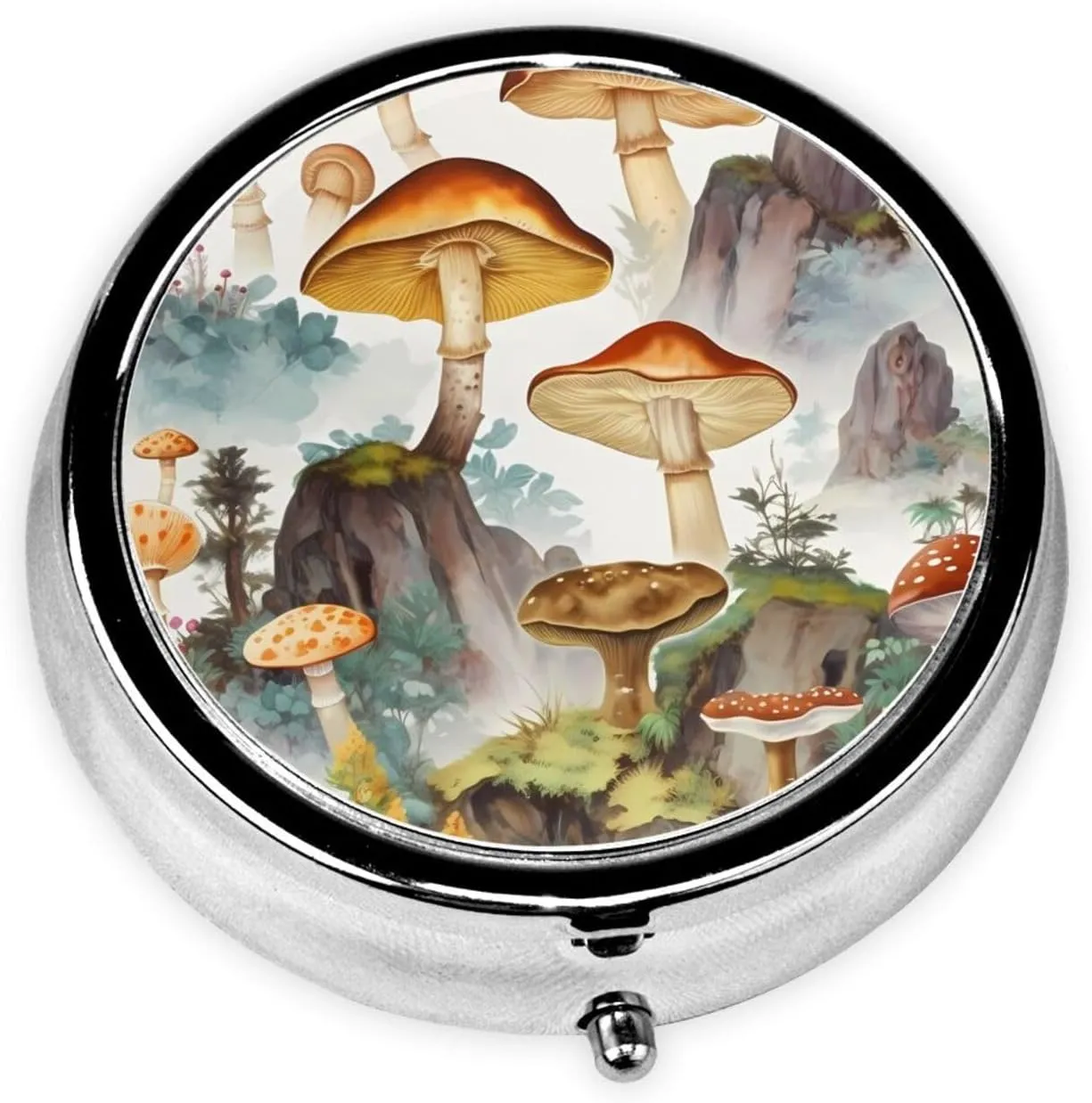 Japanese Painting Mushroom Pill Box Round Pill Case for Pocket Purse 3 Compartment Medicine Pill Organizer Cute Portable Travel Pillbox Vitamin Cod Liver Oil Storage Box Unique Gift Organizer