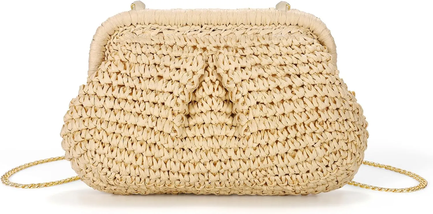 JASGOOD Women's Straw Clutch Purse Cloud Pouch Straw Crossbody Shoulder Bag Handbag Woven Bag for Summer Beach