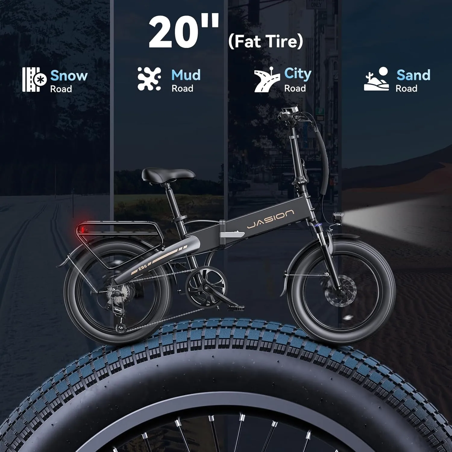 Jasion Electric Bike for Adults, 1000W Peak Motor up to 25MPH Top Speed, Aluminum 20'' Fat Tire Electric Bike Built-in 48V Removable Battery with 55 Max Miles Ebike, EBS Folding Ebikes for Adults