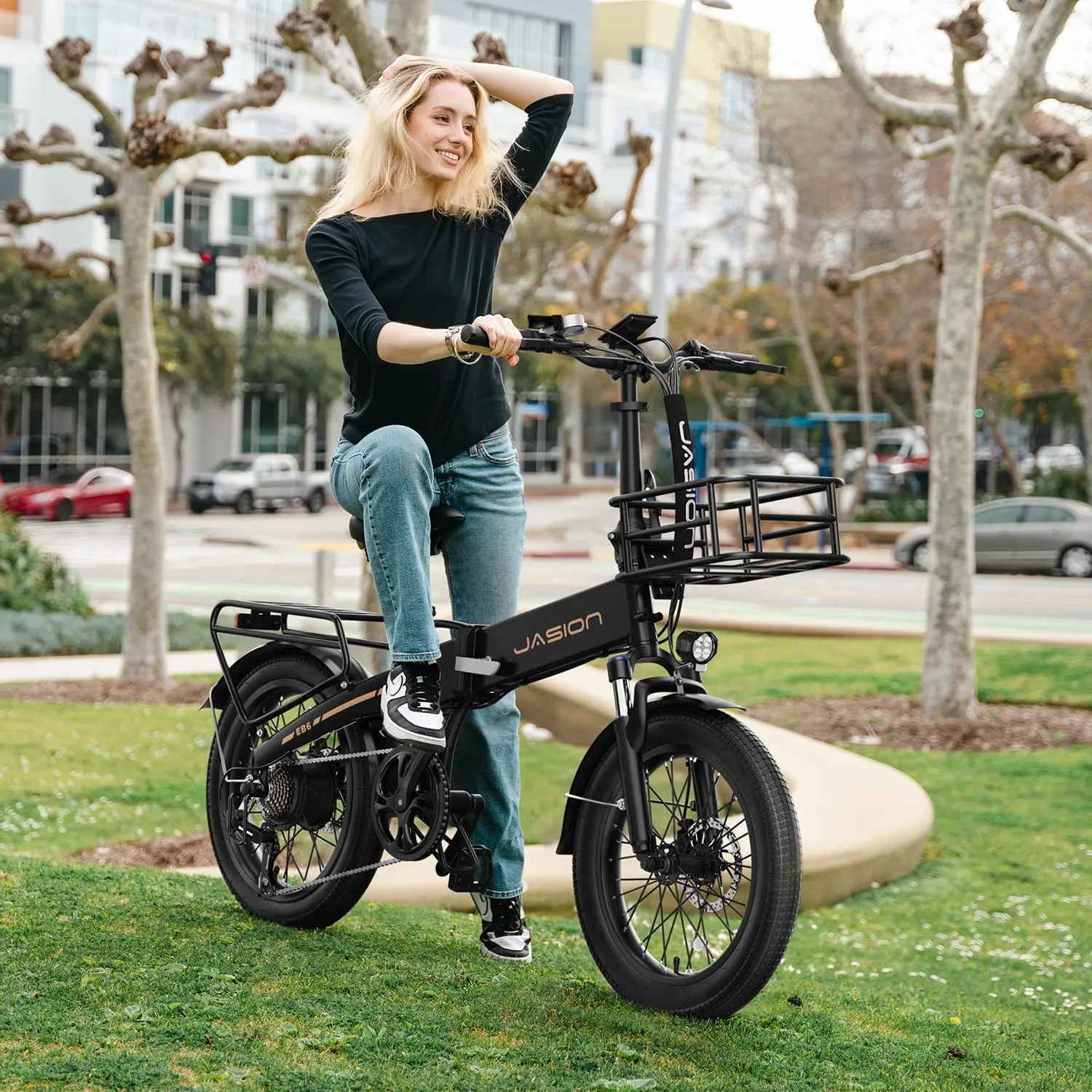 Jasion Electric Bike for Adults, 1000W Peak Motor up to 25MPH Top Speed, Aluminum 20'' Fat Tire Electric Bike Built-in 48V Removable Battery with 55 Max Miles Ebike, EBS Folding Ebikes for Adults