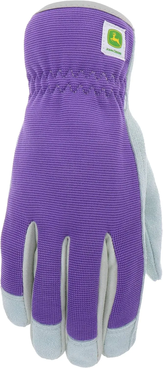 John Deere Women's Split Cowhide Leather Palm Gloves, Abrasion Resistant, High Dexterity, Purple, Grey