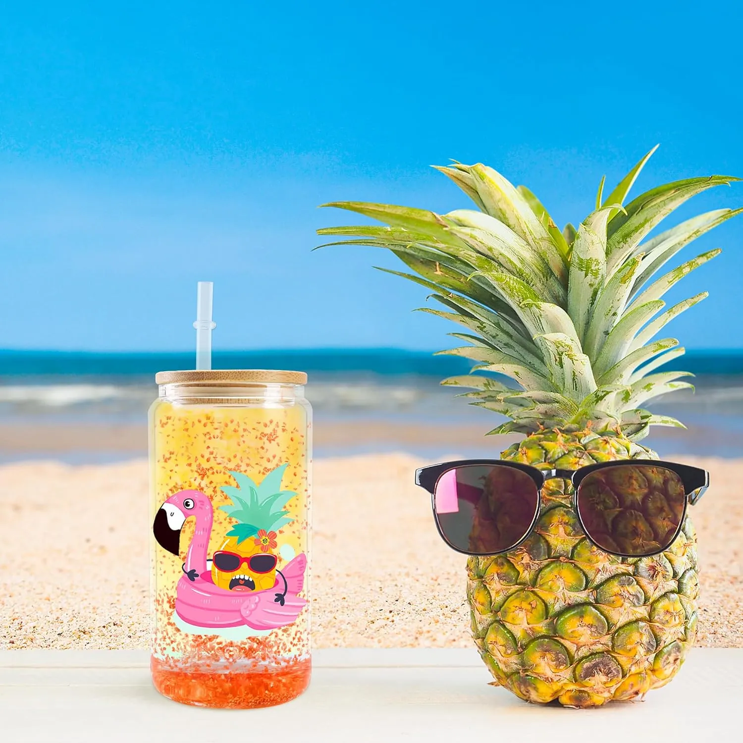 Joyclub 4 Pack Sublimation Snow Globe Tumbler Pre Drilled Beer Can Shaped, 16oz Double Wall Sublimation Glass Cups with Lids and Straws for Snow Globe Glitter DIY Smoothie Soda Boba Tea Cocktail