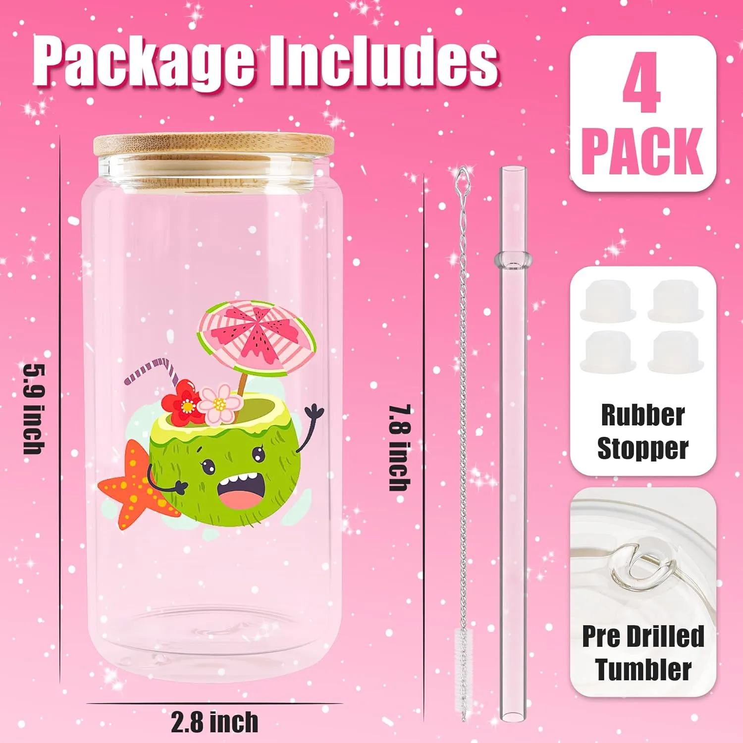 Joyclub 4 Pack Sublimation Snow Globe Tumbler Pre Drilled Beer Can Shaped, 16oz Double Wall Sublimation Glass Cups with Lids and Straws for Snow Globe Glitter DIY Smoothie Soda Boba Tea Cocktail