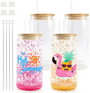 Joyclub 4 Pack Sublimation Snow Globe Tumbler Pre Drilled Beer Can Shaped, 16oz Double Wall Sublimation Glass Cups with Lids and Straws for Snow Globe Glitter DIY Smoothie Soda Boba Tea Cocktail