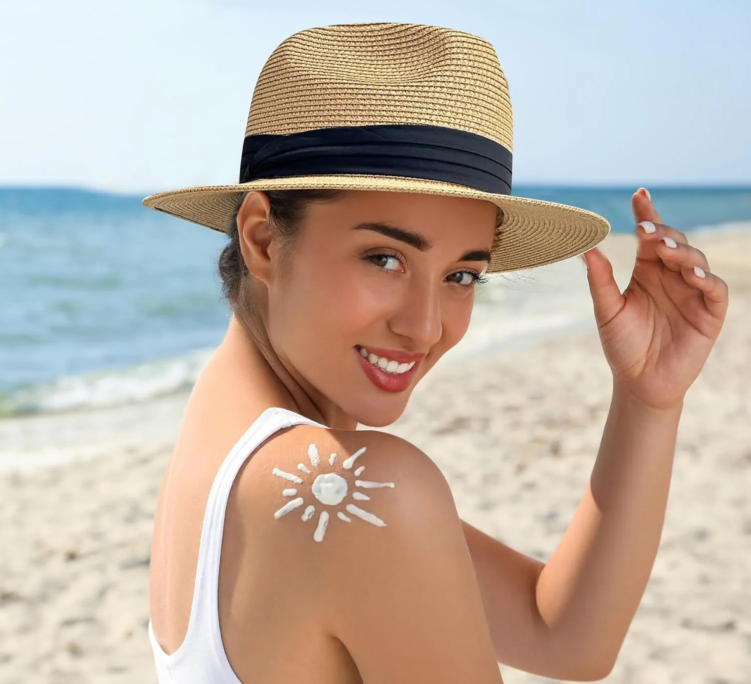 JOYEBUY Womens UPF50 Foldable Summer Straw Hat Wide Brim Fedora Sun Beach hat