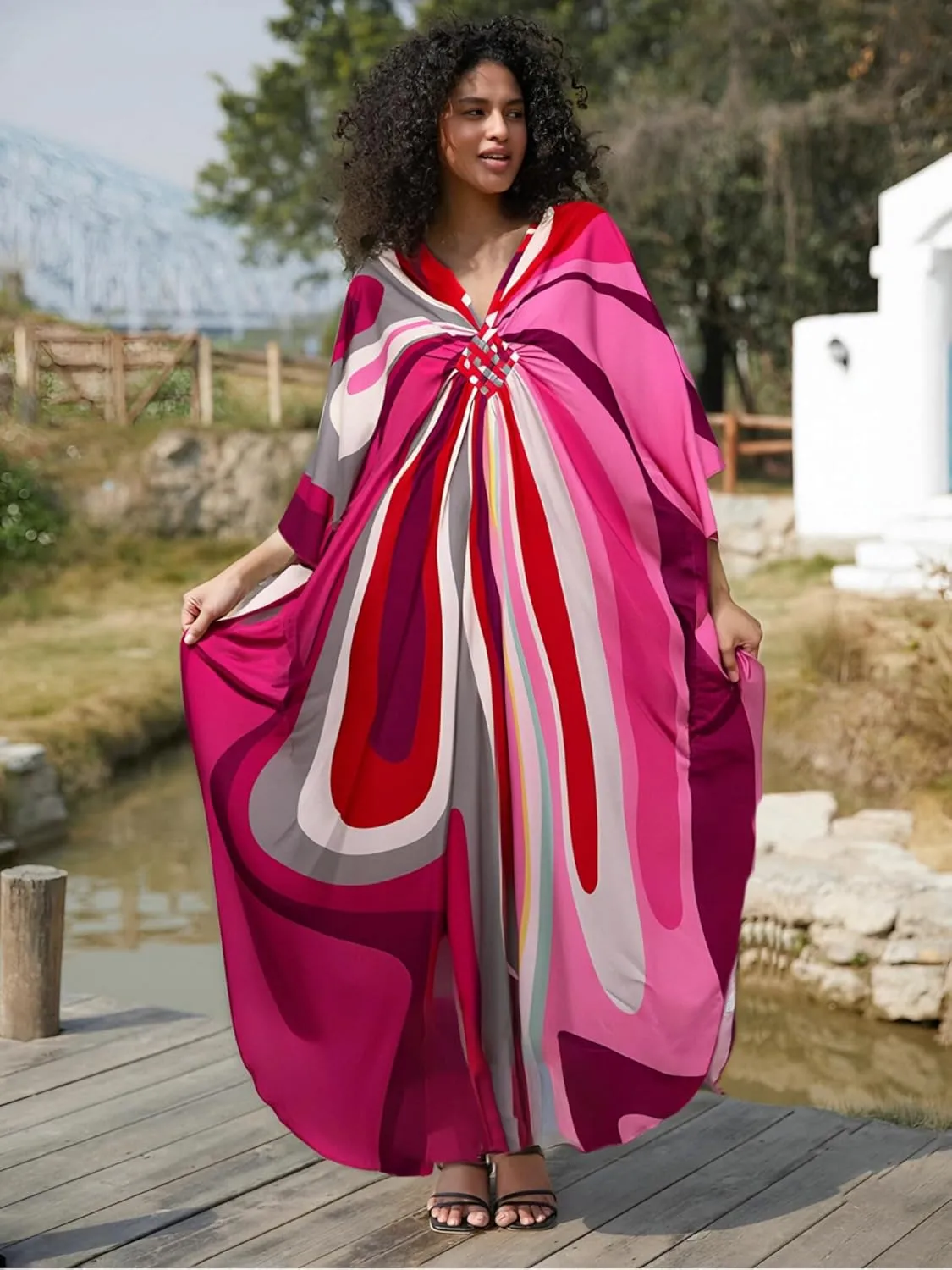 Kaftan Dresses for Women Wave Neck Swimsuit Cover Up Caftan Dress Plus Size Oversized Long Beach Dress