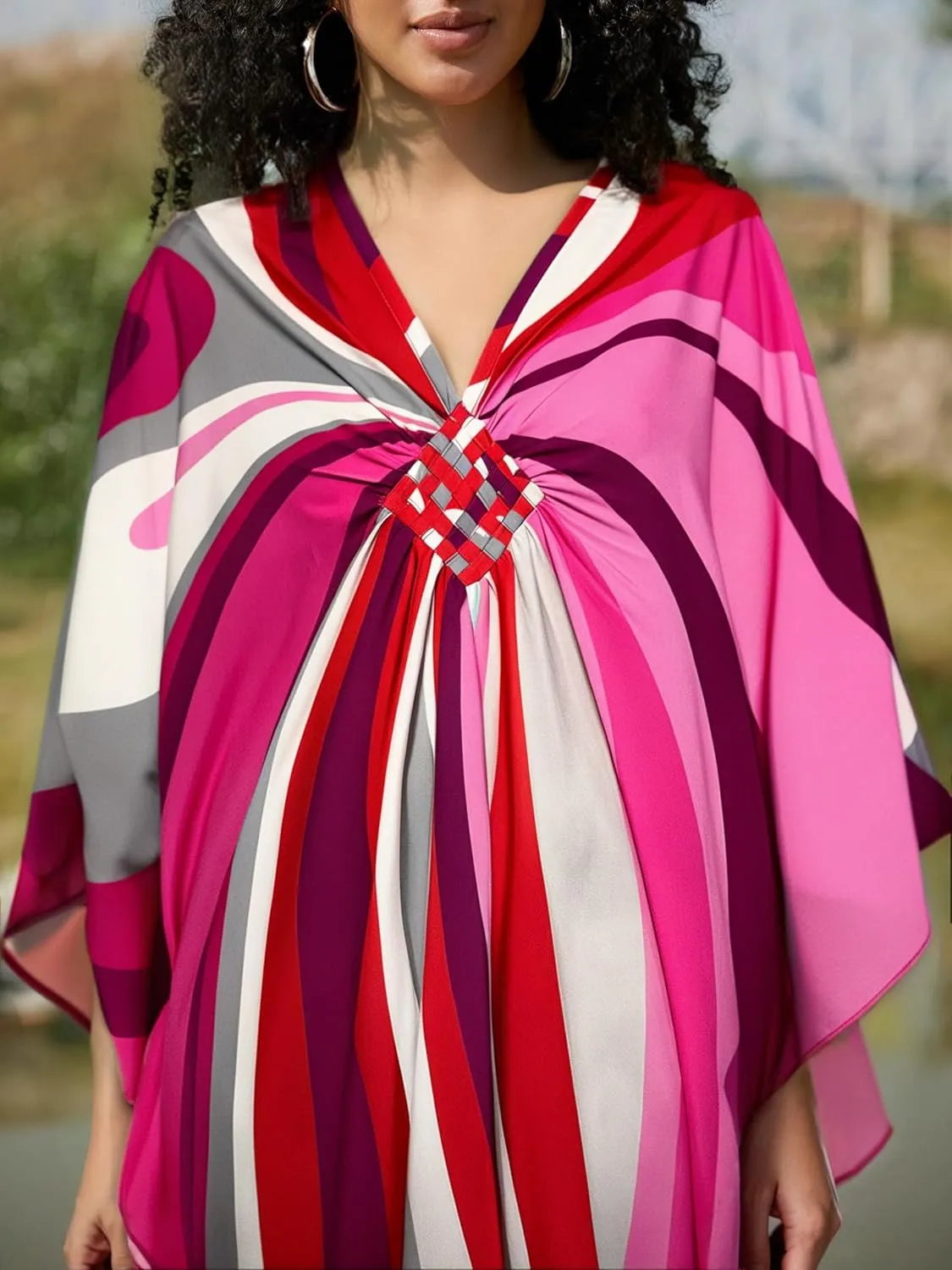 Kaftan Dresses for Women Wave Neck Swimsuit Cover Up Caftan Dress Plus Size Oversized Long Beach Dress