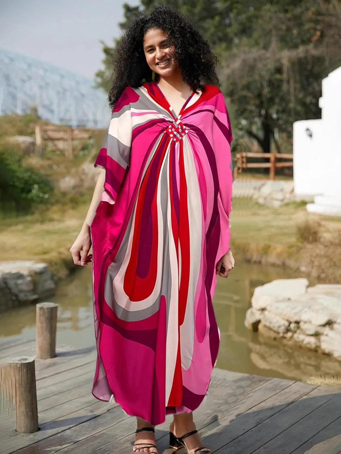 Kaftan Dresses for Women Wave Neck Swimsuit Cover Up Caftan Dress Plus Size Oversized Long Beach Dress