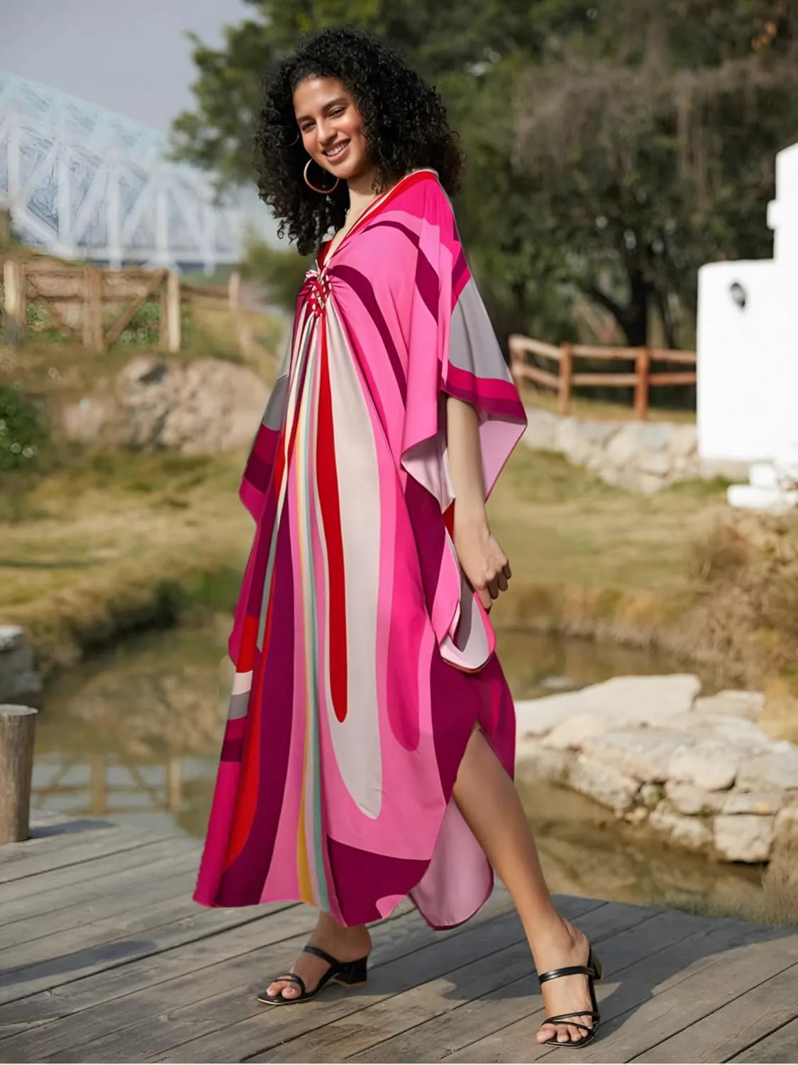 Kaftan Dresses for Women Wave Neck Swimsuit Cover Up Caftan Dress Plus Size Oversized Long Beach Dress