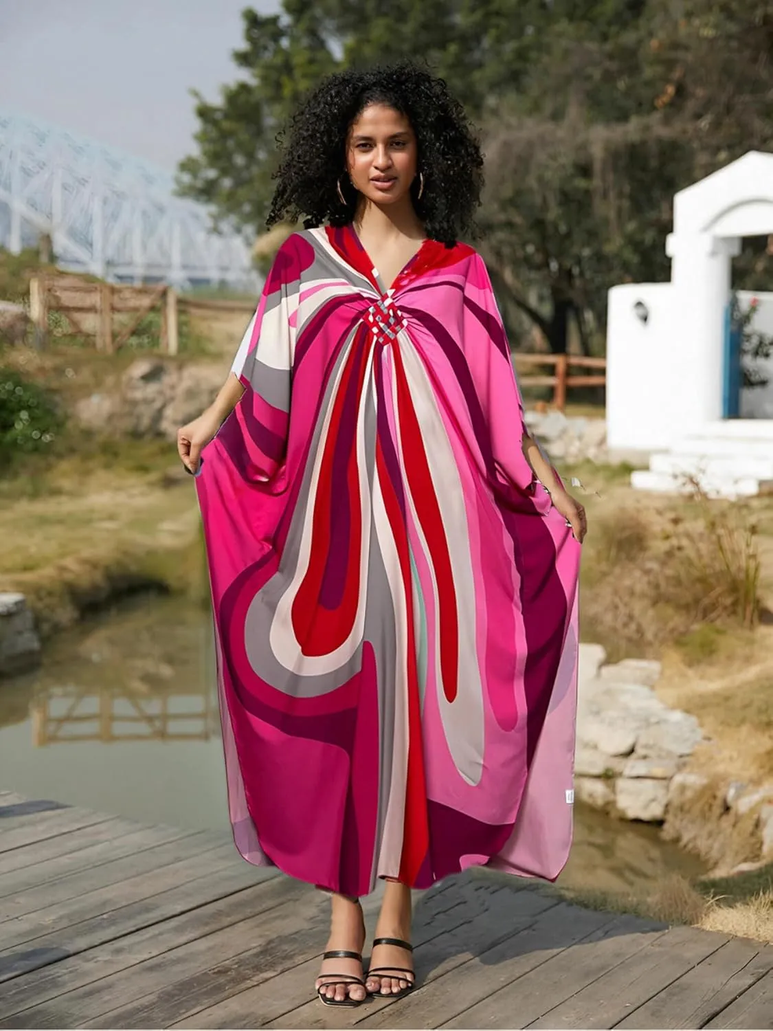 Kaftan Dresses for Women Wave Neck Swimsuit Cover Up Caftan Dress Plus Size Oversized Long Beach Dress