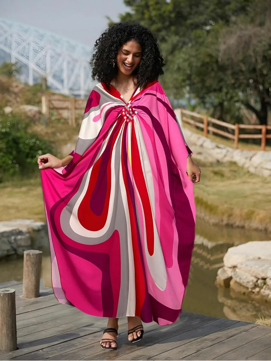 Kaftan Dresses for Women Wave Neck Swimsuit Cover Up Caftan Dress Plus Size Oversized Long Beach Dress