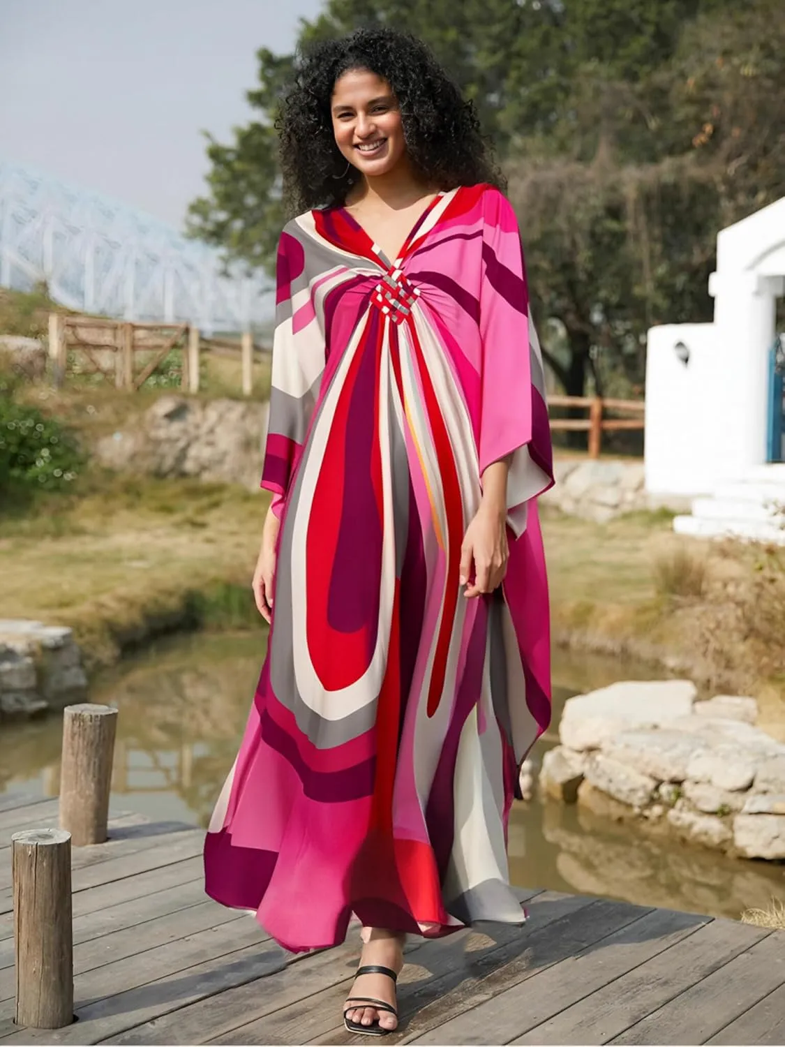 Kaftan Dresses for Women Wave Neck Swimsuit Cover Up Caftan Dress Plus Size Oversized Long Beach Dress