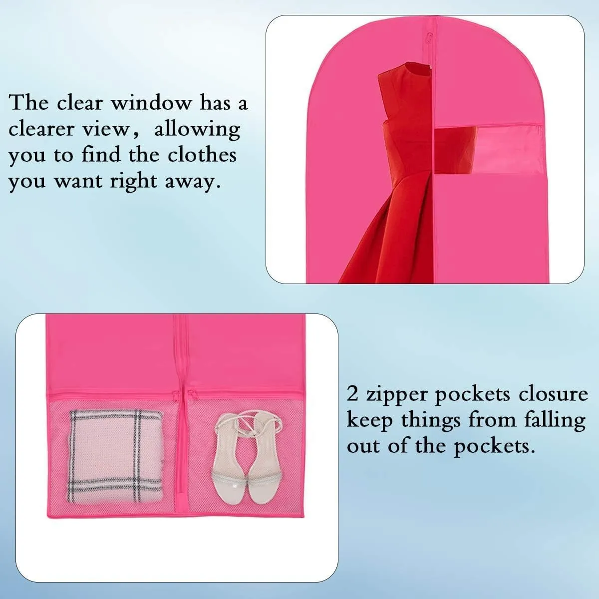 Kernorv Garment Bags Dance Costume Bags,51" Breathable Dance Dress Bag with 2 Zipper Mesh Pockets and Clear Window for Dance Costumes, Storage or Travel (5 Pack,Pink)